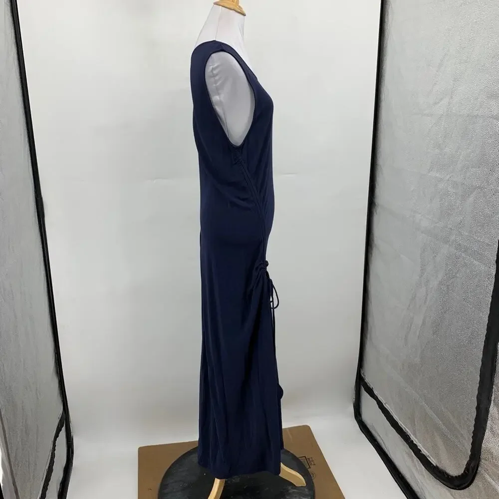 Tory Burch Dress Womens L Large Navy Shannon Sleeveless Front Tie Cinching Midi